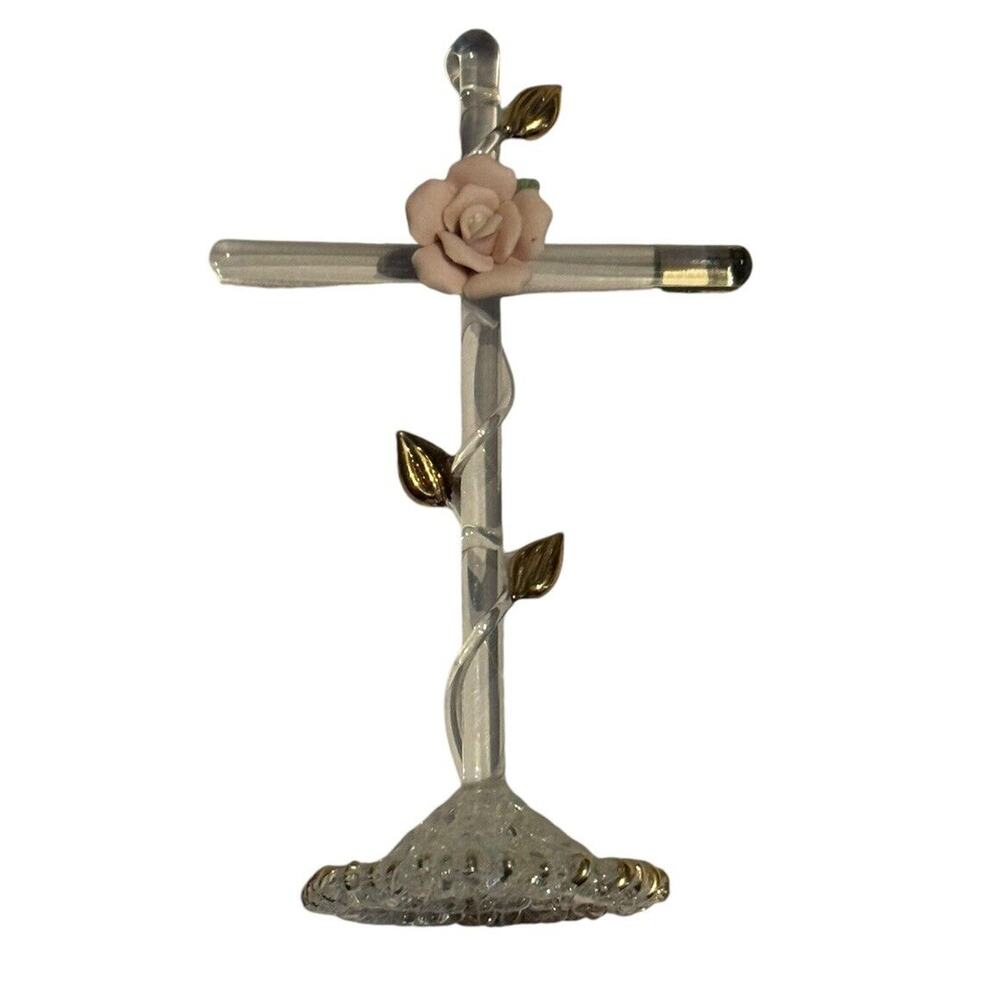 Glass Cross with Pink Rose & Leaves Home Decor Cake Topper Religion Church